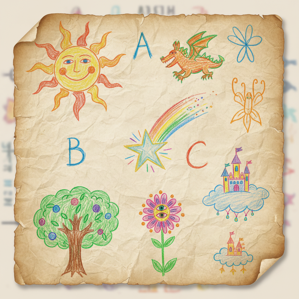 A child's drawing on parchment paper showing inventive symbols: a sun for letter A, a tree for letter B, a star for letter C. Creative and colorful.