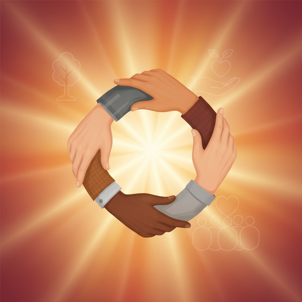 Conceptual illustration of four diverse hands joining together in a circle, warm colors, symbol of unity and community service