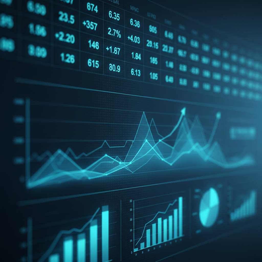 Stock market ticker board showing rising numbers, financial graphs on a digital screen, blue color scheme, corporate style