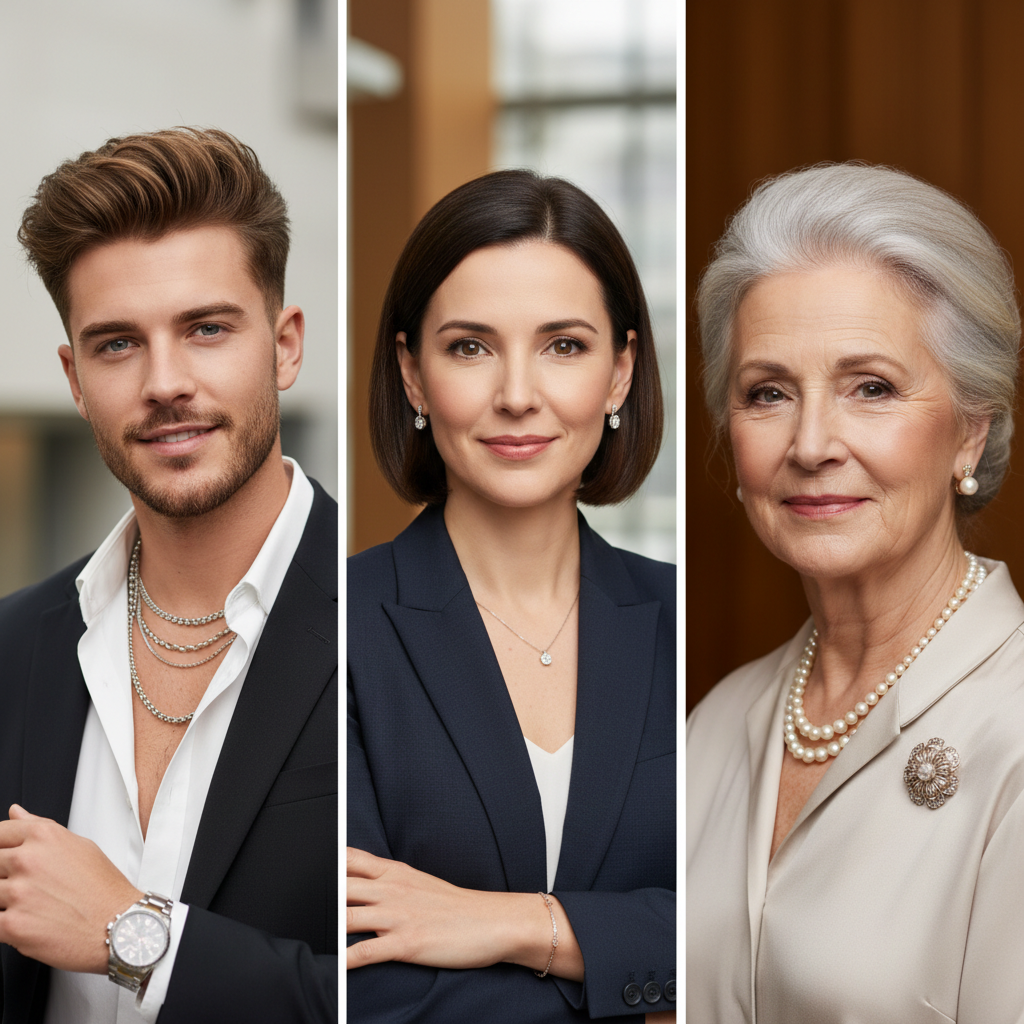 College of three portraits side by side: a young stylish man, a professional woman in her 30s, and an elegant senior woman, all wearing jewelry.