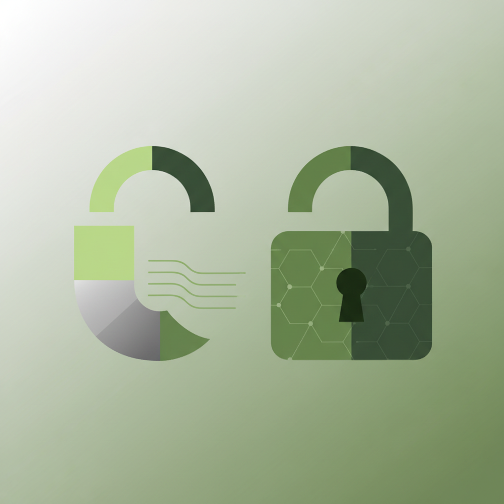 minimalist abstract illustration of a secure open and closed lock, data privacy concept, green and grey colors