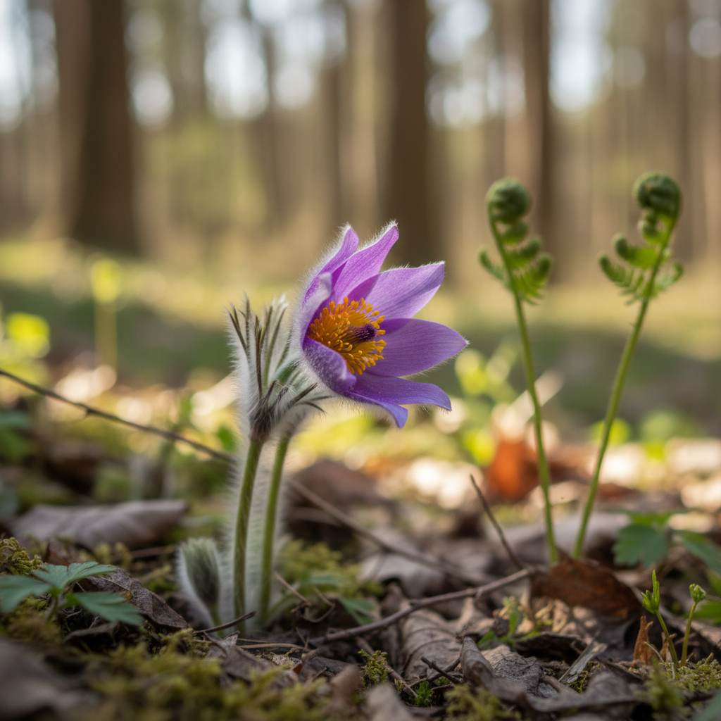 Pulsatilla patens flower, purple fluffy pasqueflower in spring forest, close up, soft bokeh