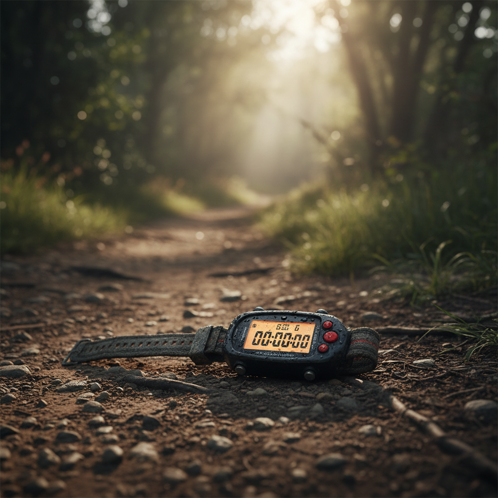 A close up of a dirt running trail with a stopwatch in the foreground, shallow depth of field, outdoor adventure style, moody lighting