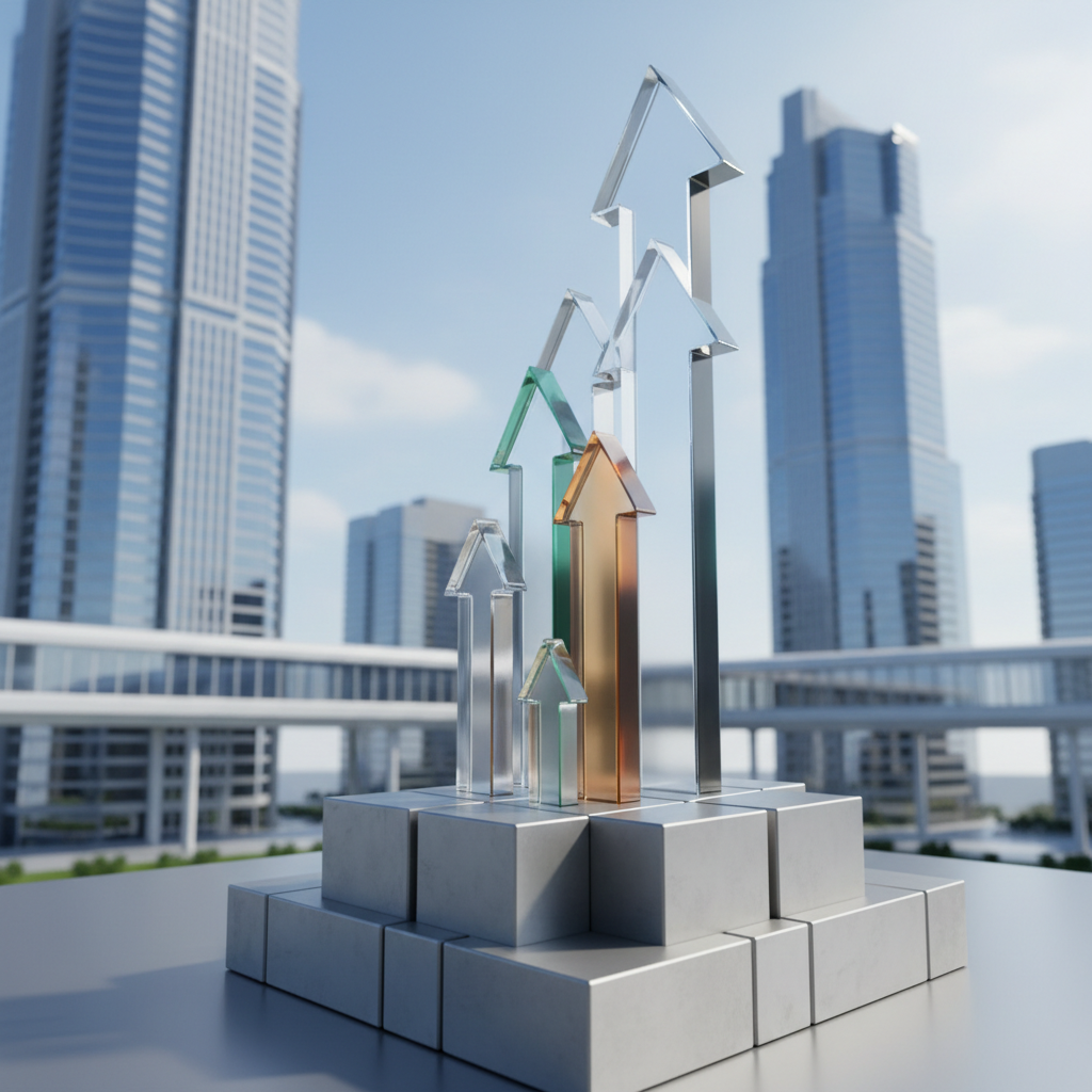 Abstract business concept of stability and growth, upward arrows, clean corporate architectural background