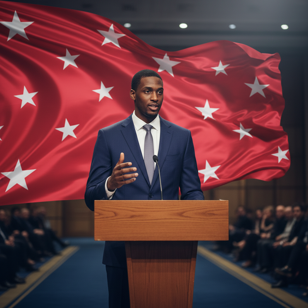 Basketball player speaking at podium, red flag with stars in background, formal setting