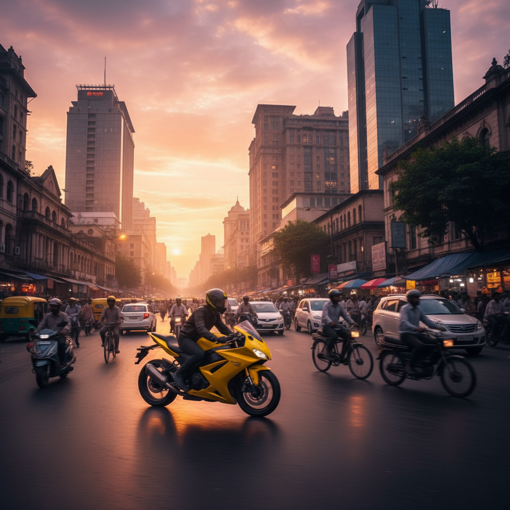 Cinematic wide shot of a yellow motorcycle weaving through vibrant Indian city traffic at sunset, motion blur, modern skyline in background, urban energy, high quality, photorealistic, 8k