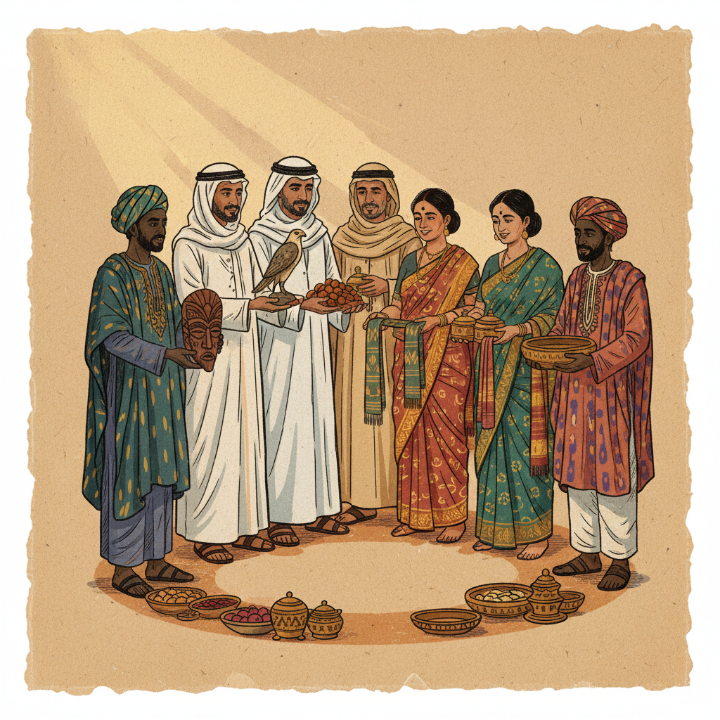 A stylized, warm illustration of people from UAE, India, and Mali exchanging cultural items, earth tones, textured paper style, artistic and humanistic