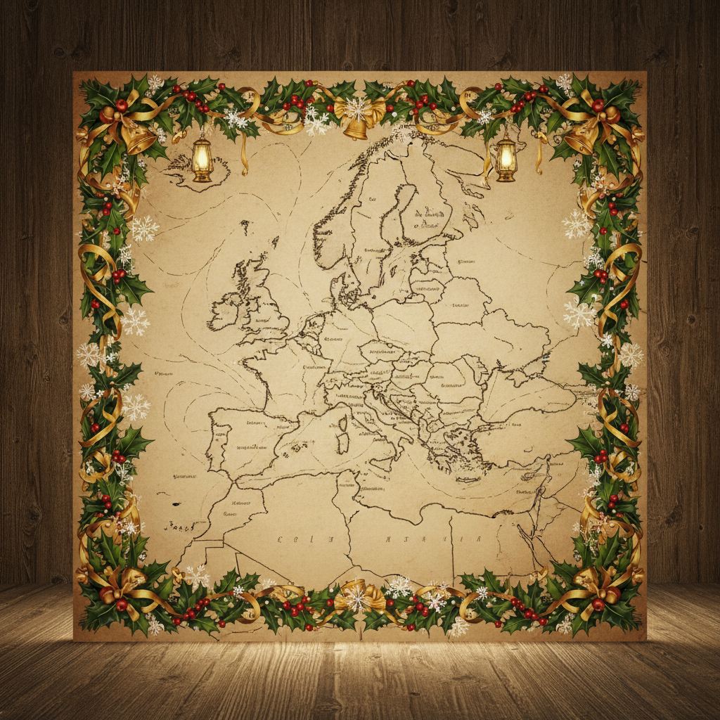 An antique map of Europe with holiday decorations on the borders, vintage style