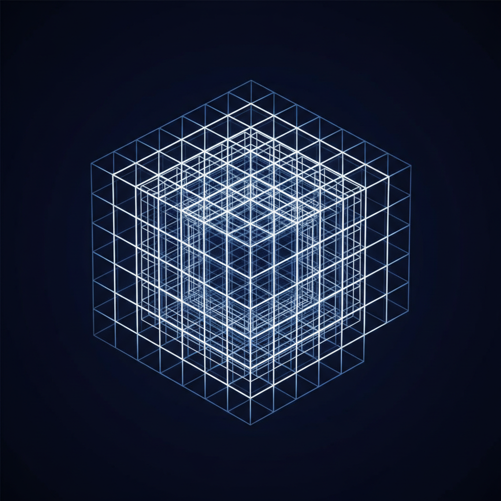 A translucent 3D cube divided into smaller voxels or sub-cubes, mathematical diagram style, clean white lines on dark background