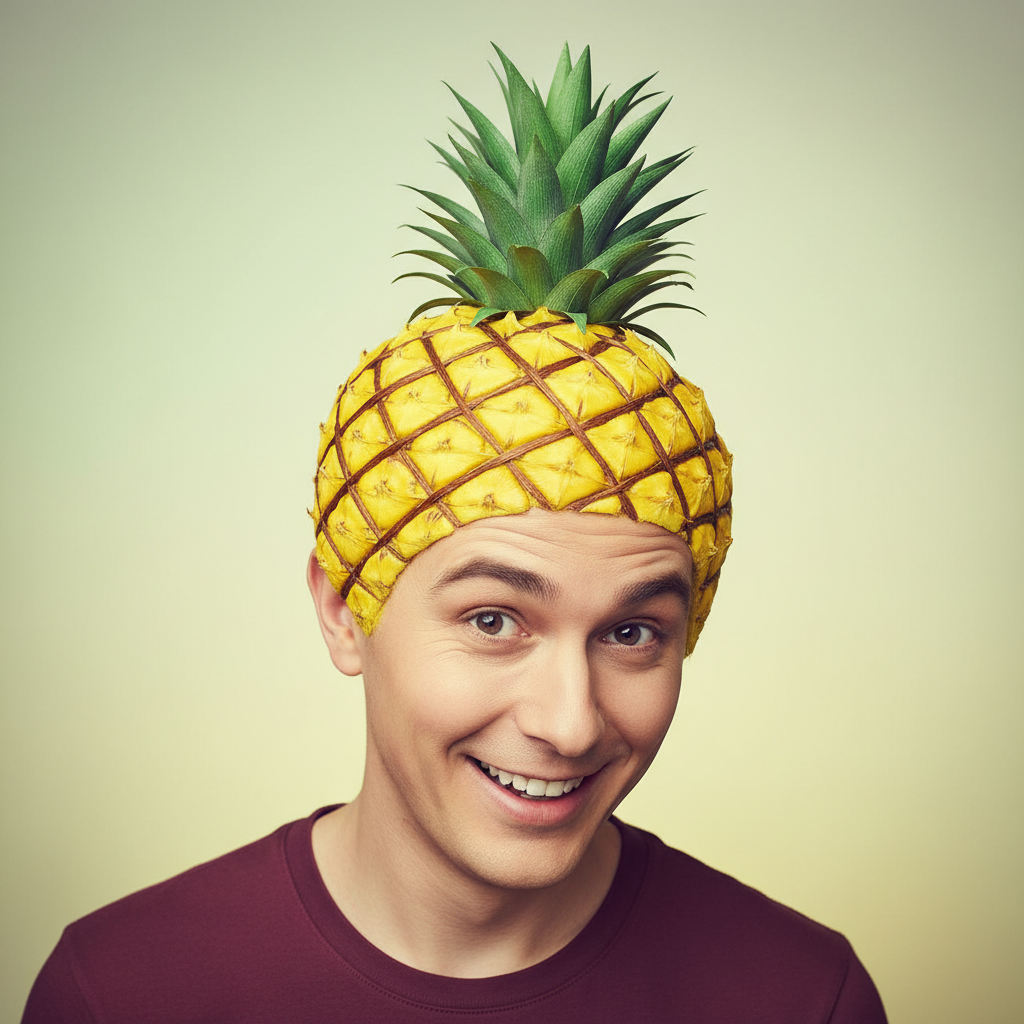 Person with hair dyed yellow with brown cross-hatching to look like pineapple skin, green spiky hair on top, funny hairstyle photography
