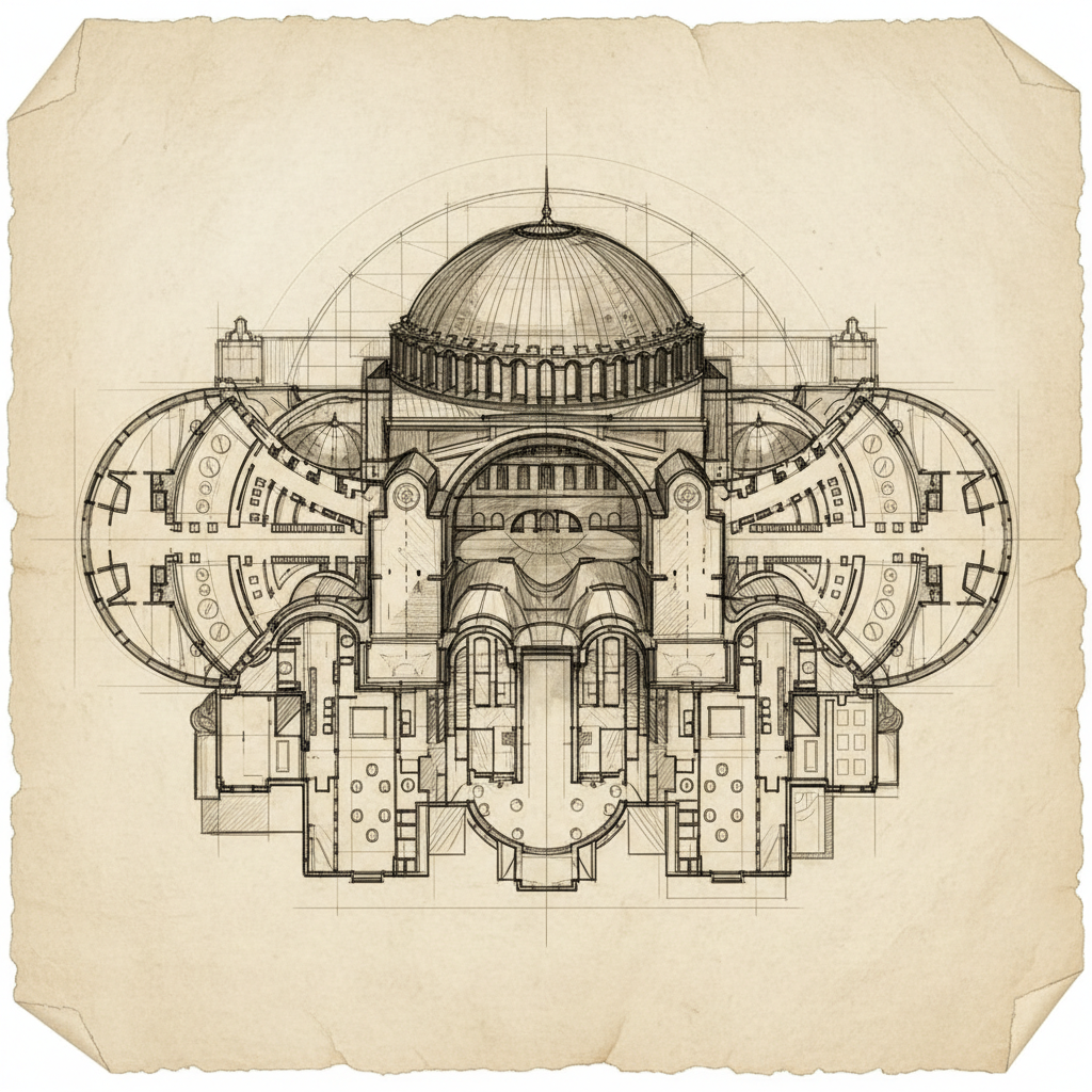 Architectural sketch of Hagia Sophia floor plan, showing the massive central dome and semi-domes extending longitudinally, intricate conceptual drawing