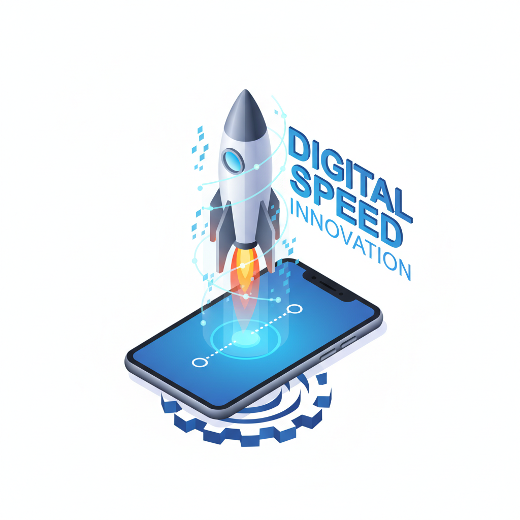 3d isometric icon of a rocket launching from a smartphone, digital speed innovation, clean white background