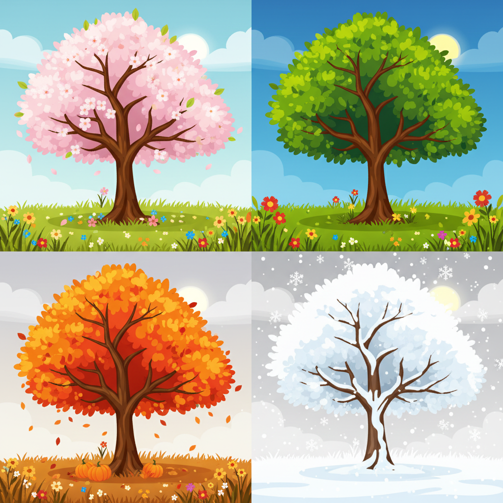 An artistic composition divided into four quadrants showing a tree in four seasons: Spring with blossoms, Summer with green leaves, Autumn with orange leaves, Winter with snow. Cartoon style.