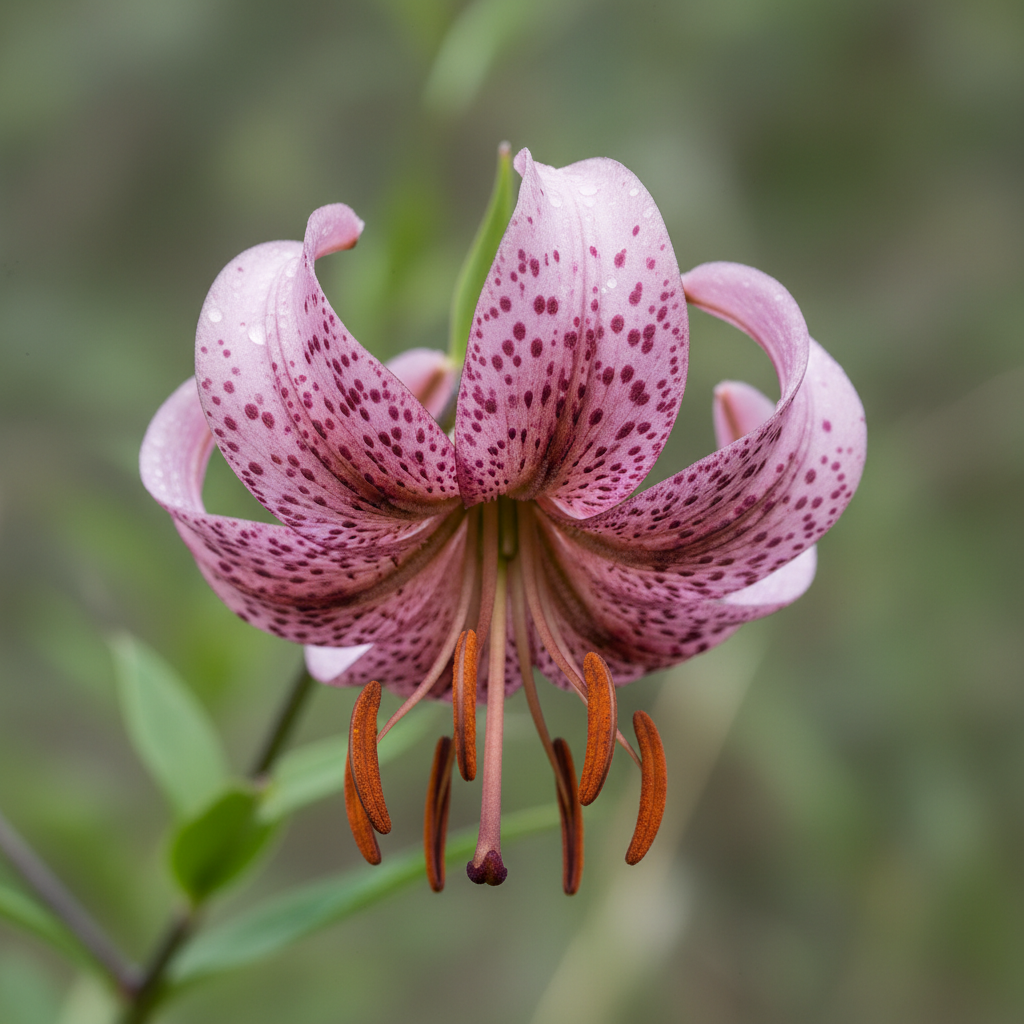 Martagon lily, pink-purple petals with dark spots, curled back, detailed botanical photo