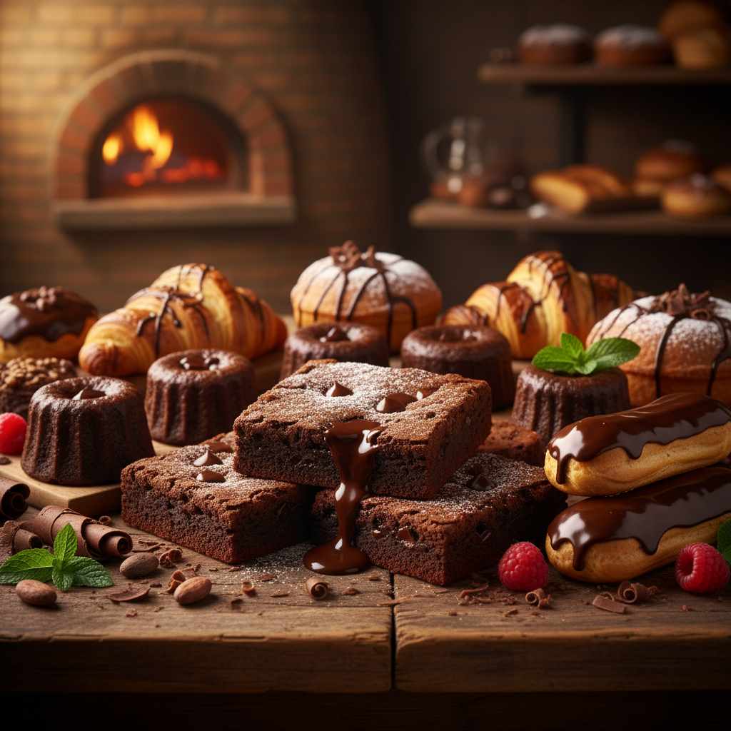 Elegant close-up of rich chocolate brownies and pastries on a rustic wooden table, cinematic lighting, warm bakery tones
