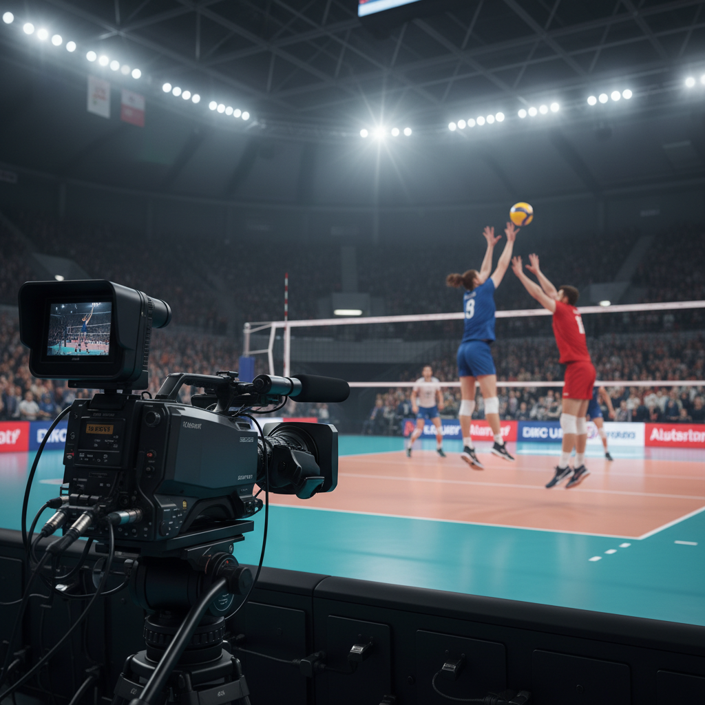 TV camera filming professional volleyball match, broadcast view, arena lights, audience blurred in background