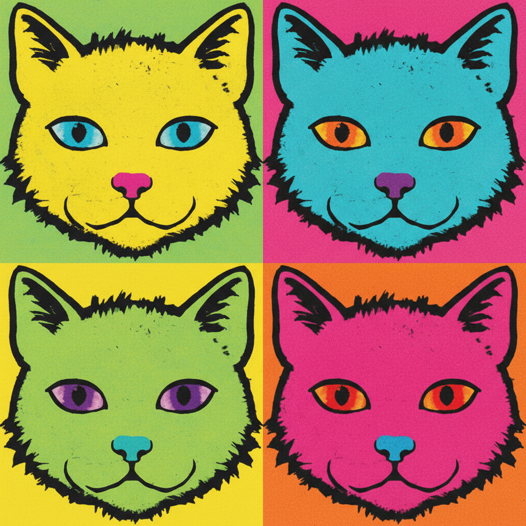 Four colorful panels of a cat face, Andy Warhol style, bright contrasting colors, screen print effect