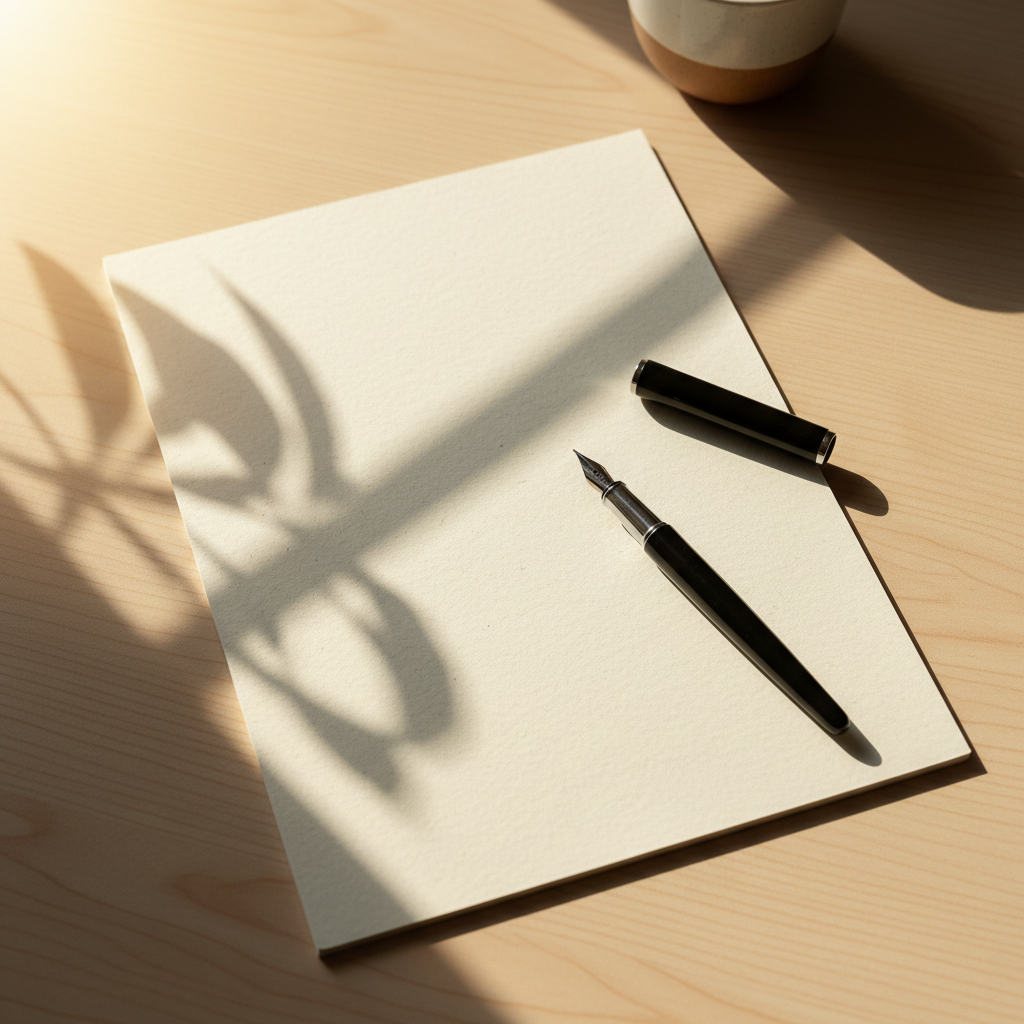 An empty notebook page with a pen resting on it, bright sunlight casting shadows, inviting to write, minimal aesthetic