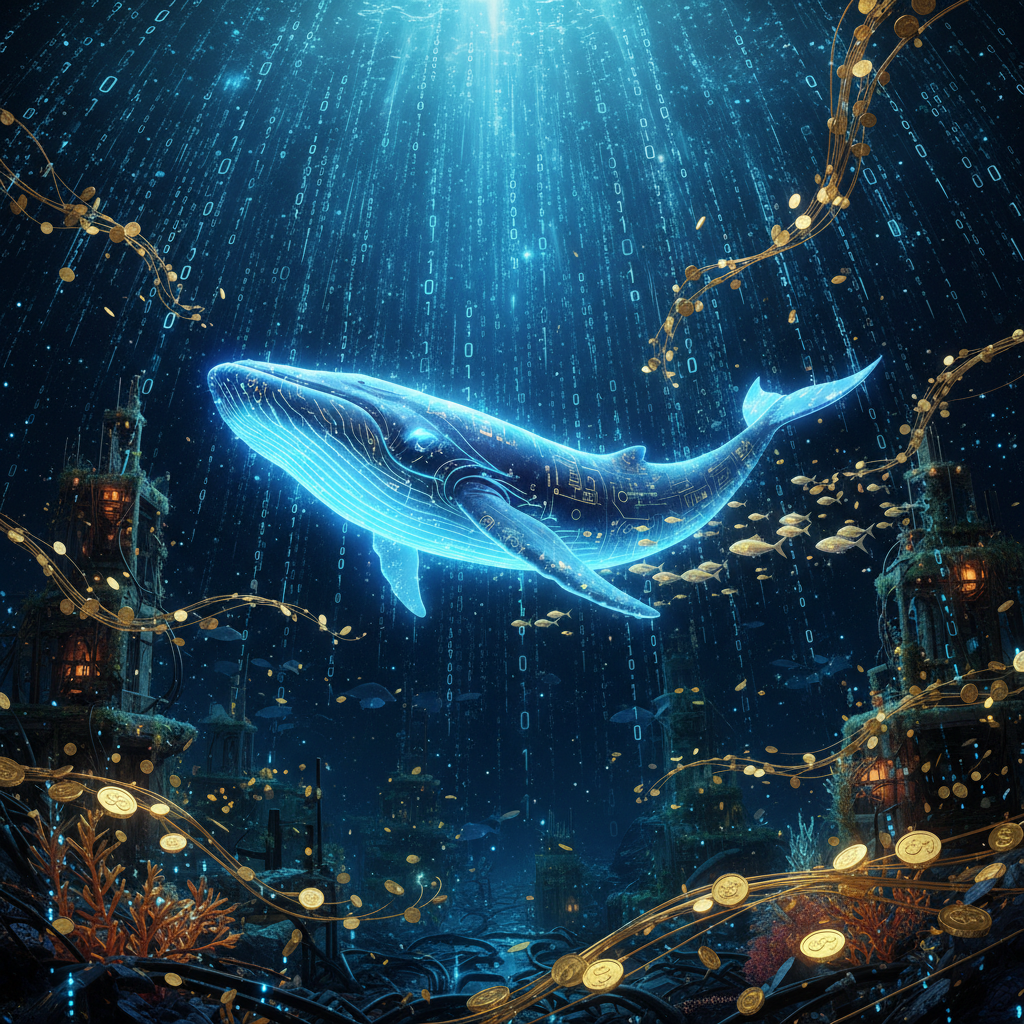 Surrealist concept art, a giant glowing whale swimming through a sea of binary code and gold coins, dark deep ocean atmosphere, bioluminescent blue, 3d render