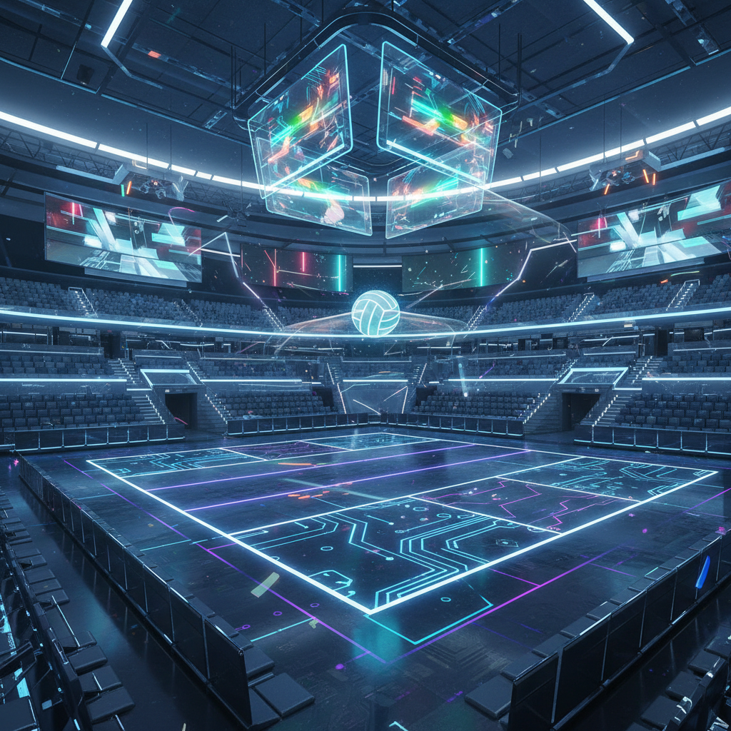 Futuristic volleyball stadium concept with digital lines on the floor, holographic scoreboards, glowing ball, sci-fi sports atmosphere