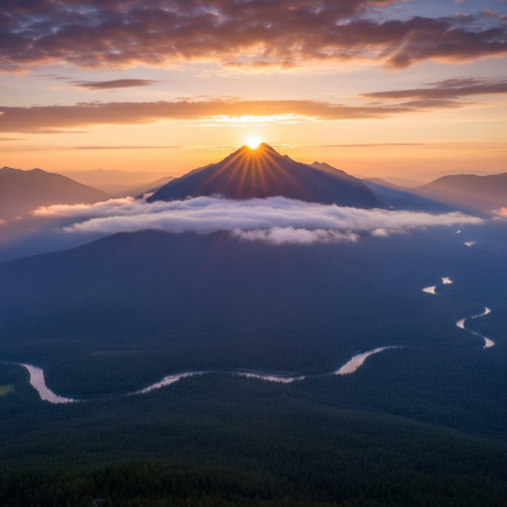 Inspirational sunrise over a mountain peak, symbolizing success and new beginnings, vast landscape, cinematic