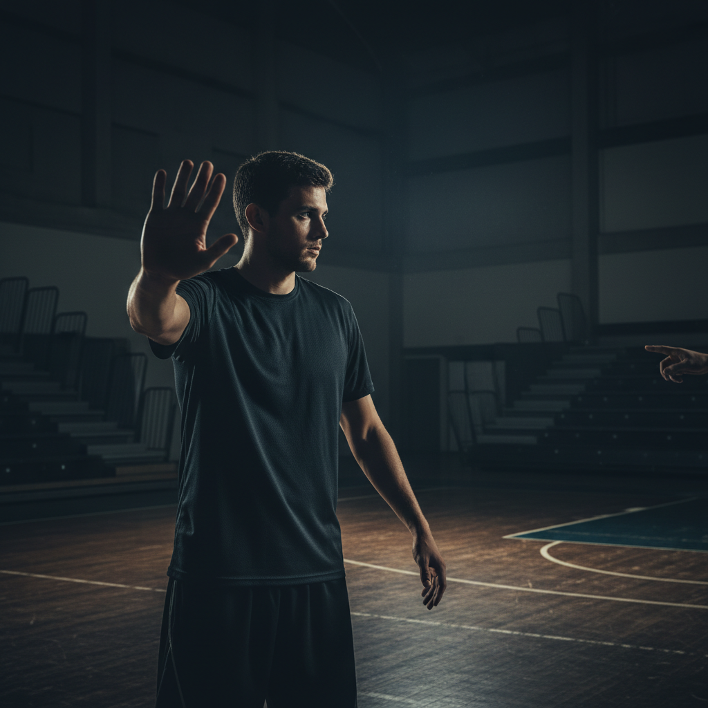 Basketball player directing traffic with off-hand, court vision, dark moody atmosphere
