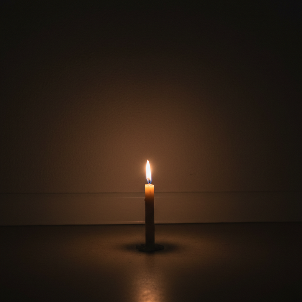 A single lit candle in a dark room, symbolizing remembrance and loss, high contrast, respectful minimalist composition