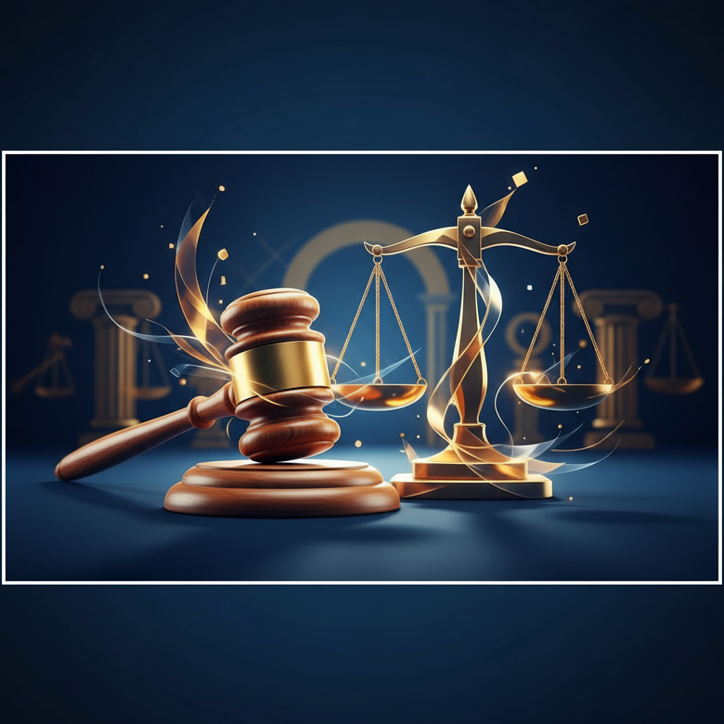 Abstract legal background with judge gavel and scales of justice, dark blue and gold tones, cinematic lighting, professional, high value, 8k, centered composition