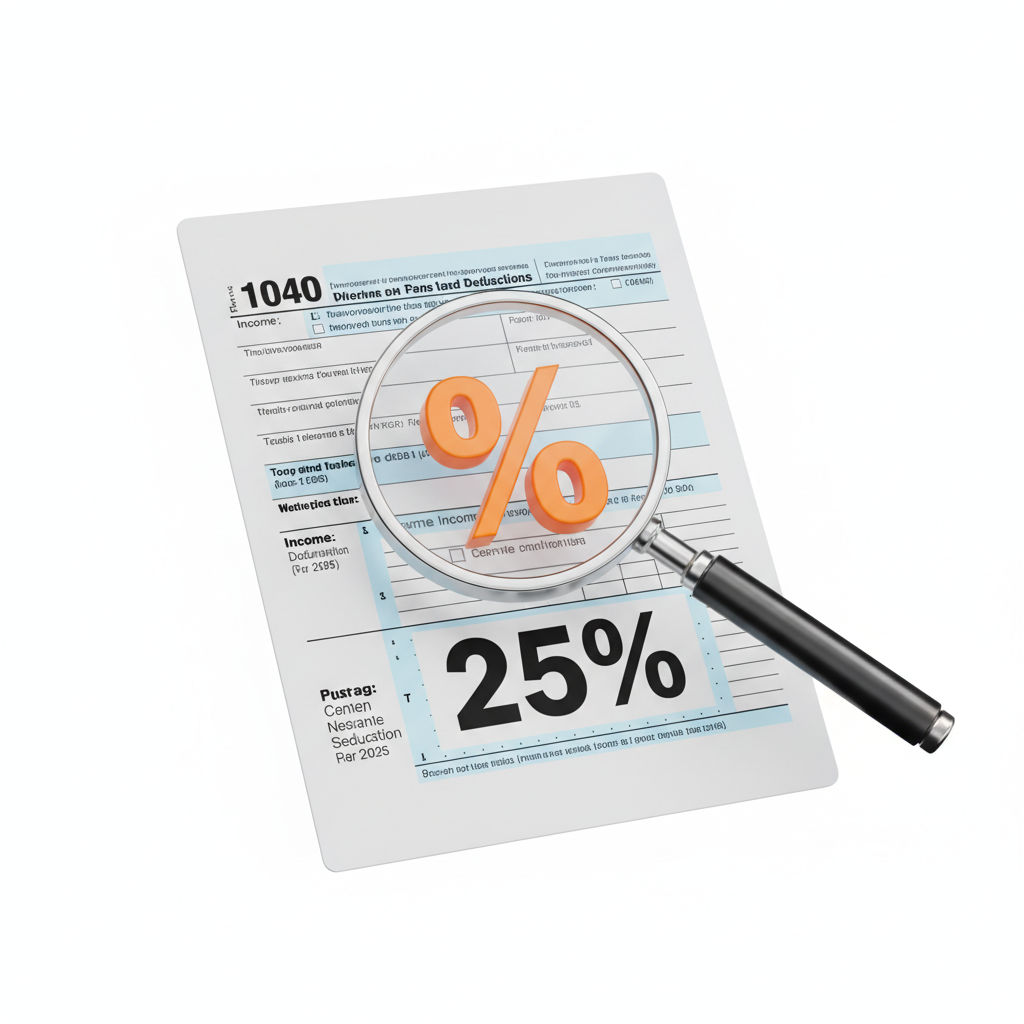 3d render of a tax form with a magnifying glass and a percentage symbol, clean white background, business style