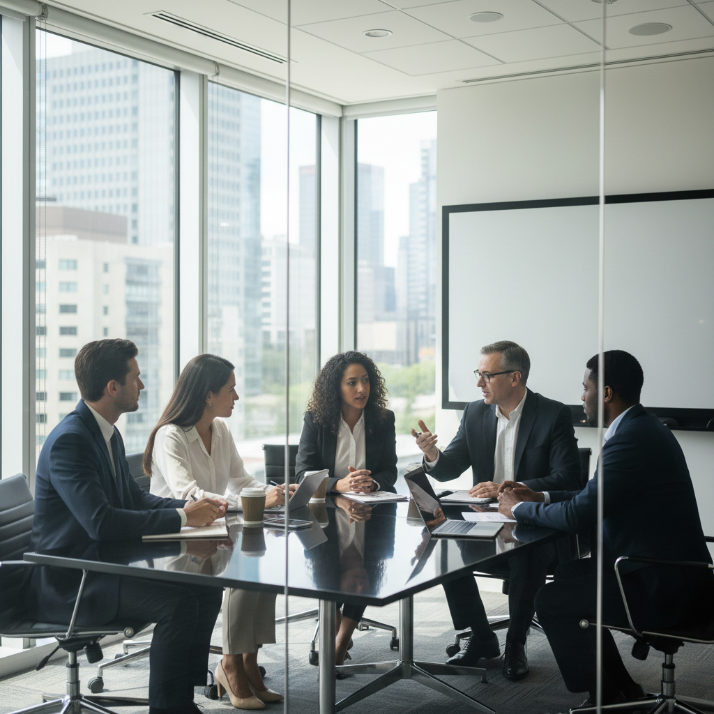 Real candid photography of a diverse corporate team in a modern bright glass-walled meeting room having a strategic discussion, professional attire, natural sunlight, high resolution, 4k, shot on DSLR, authentic look