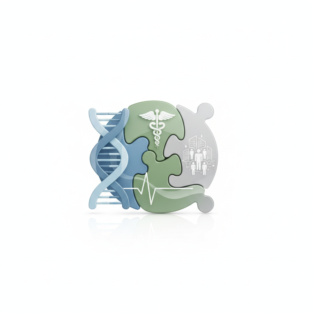 Conceptual 3D illustration of interconnecting puzzle pieces representing health, biology, and society, clean white background, corporate medical style