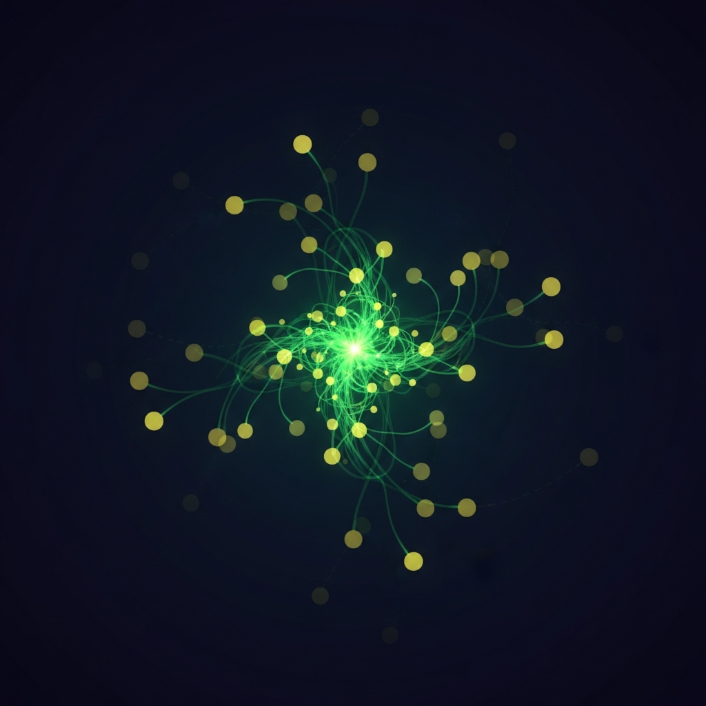 Network graph visualization with active green center nodes connected to inactive yellow neighbor nodes against a dark background, showing a distributed system state