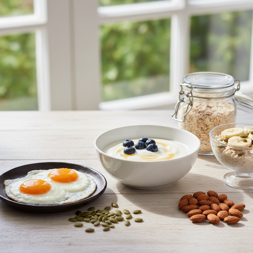 Artistic arrangement of serotonin-rich foods: eggs, bowl of yogurt, pumpkin seeds, almonds, and oats on a wooden table, bright natural lighting, photography style