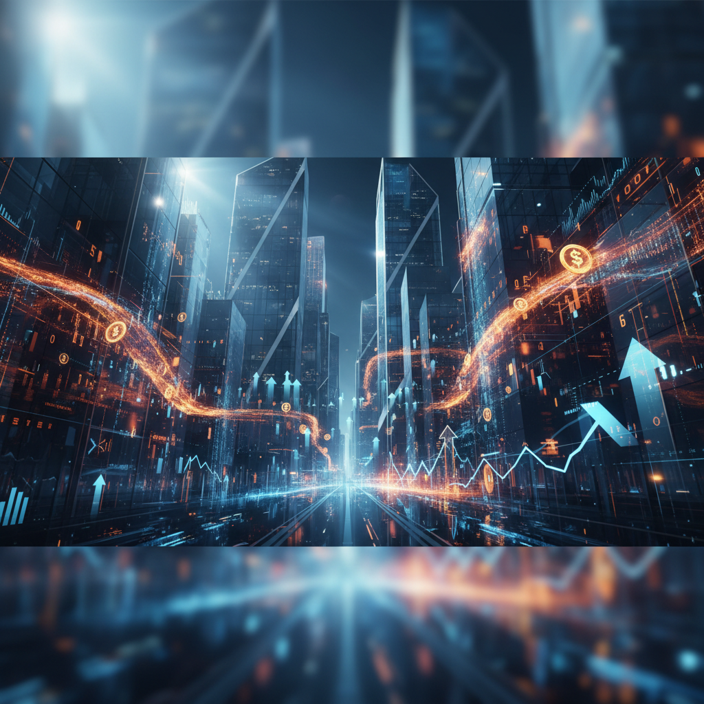 Abstract financial cityscape with blue and orange digital data streams, cinematic lighting, corporate, premium 8k resolution, sleek modern architecture background