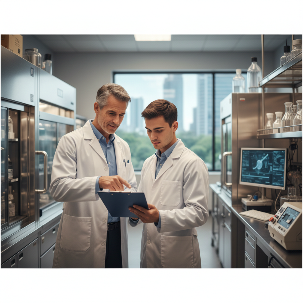 photo of a senior technician pointing at a clipboard teaching a junior technician in a modern lab, high quality, realistic