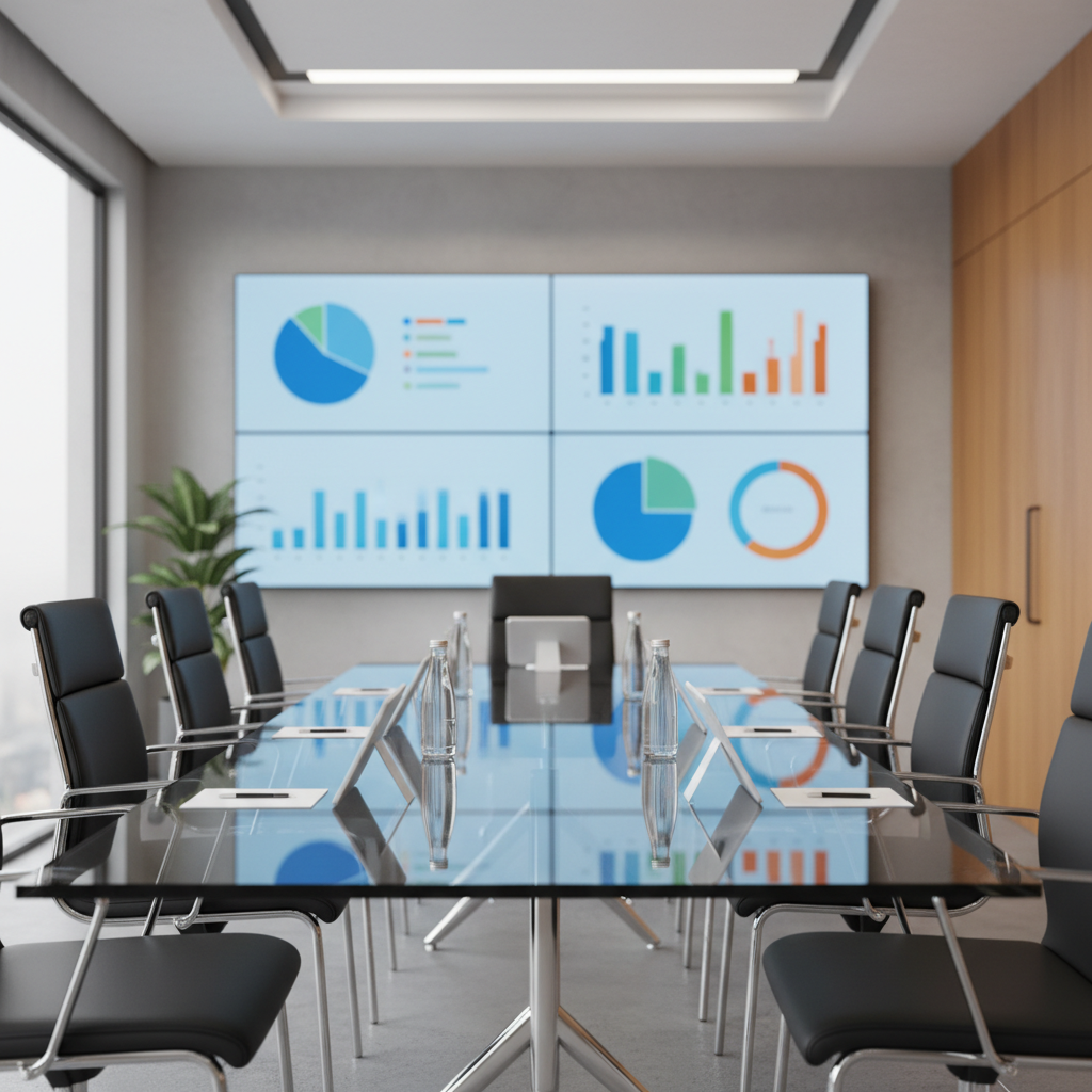 A modern, sleek marketing boardroom setting with blurred charts in background, focusing on a glass table, corporate atmosphere, photorealistic
