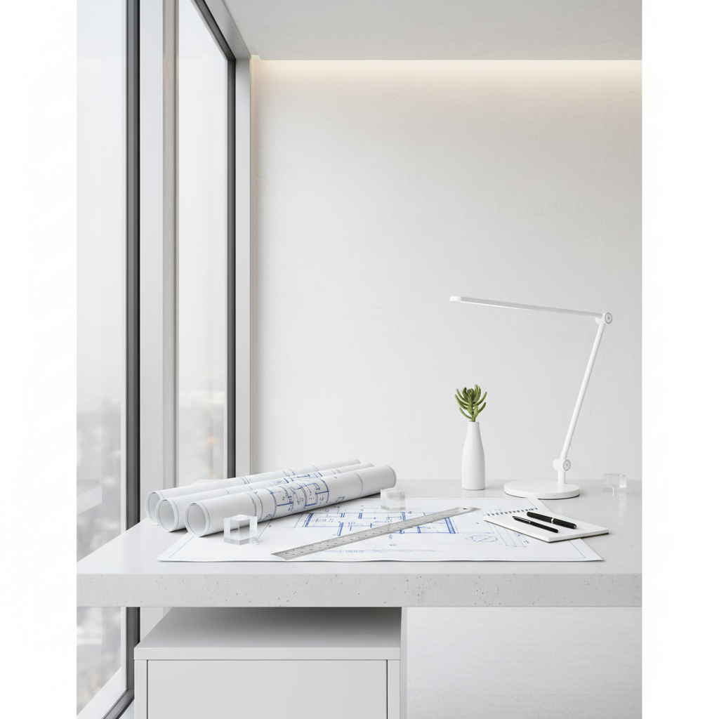 Modern architectural desk setup with blueprints, ruler, and a clean white minimalist aesthetic, photorealistic, 8k, bright lighting