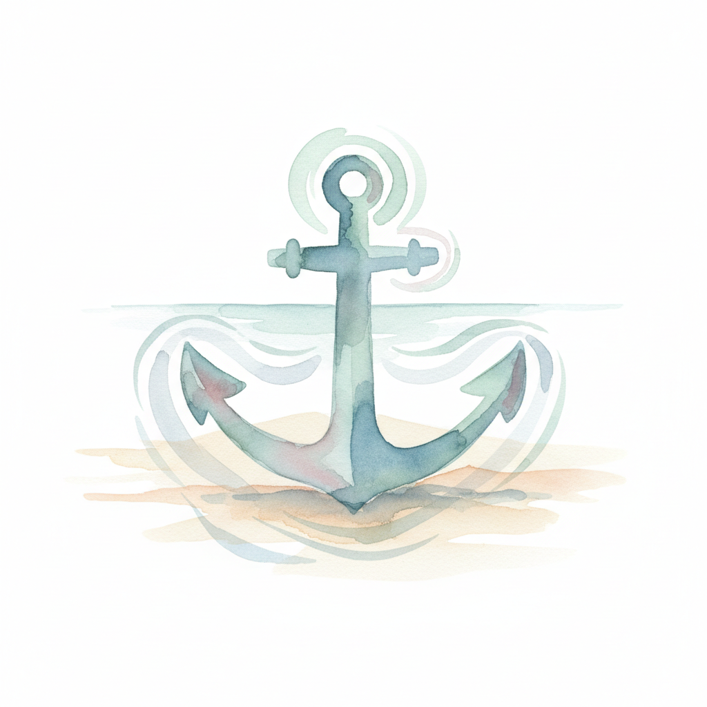 abstract watercolor painting of an anchor resting in calm sand, soft muted colors, minimalist, symbolism of staying