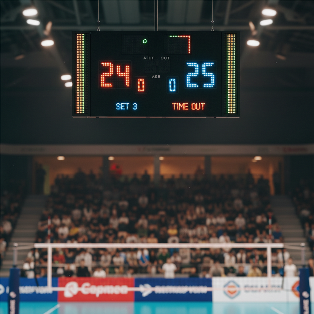 scoreboard of a modern volleyball match showing tight score 24-25, bright LED display, blurred background of a stadium