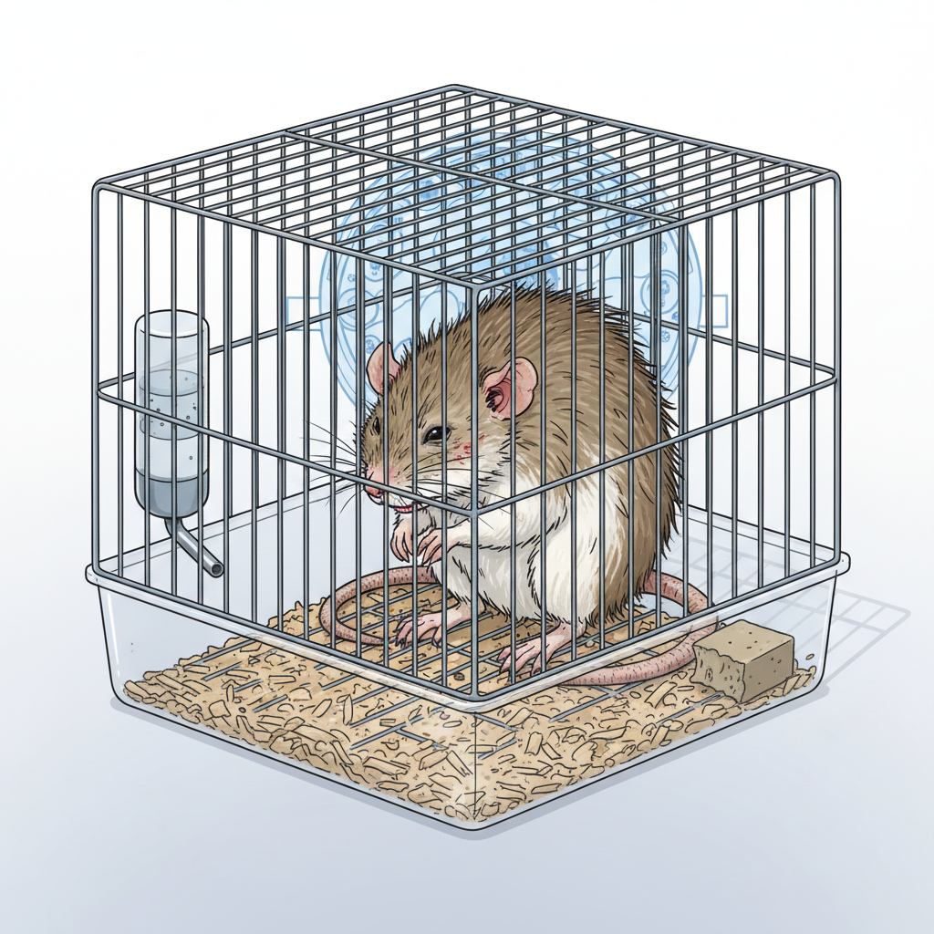 Illustration of a sick laboratory rat looking lethargic with ruffled fur in a cage, veterinary textbook style