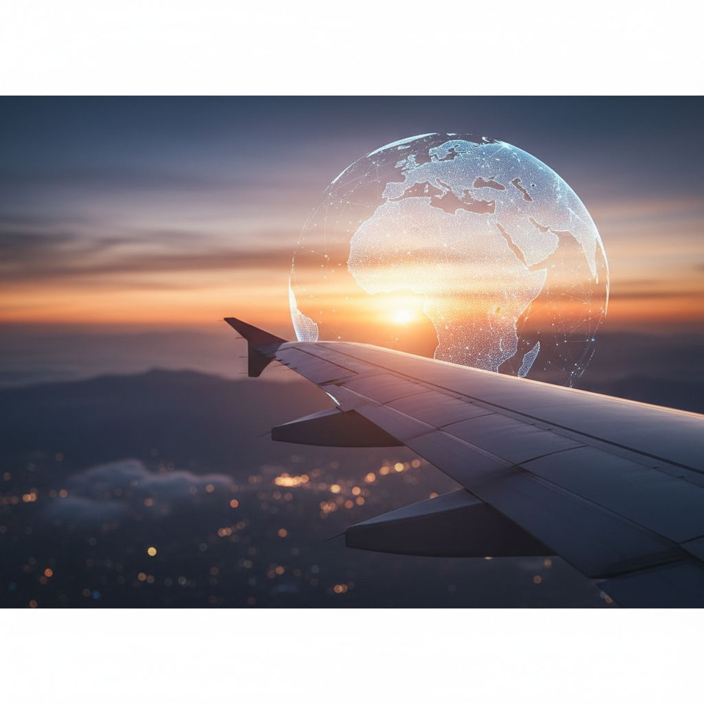 World travel concept, airplane wing or globe, blurred background