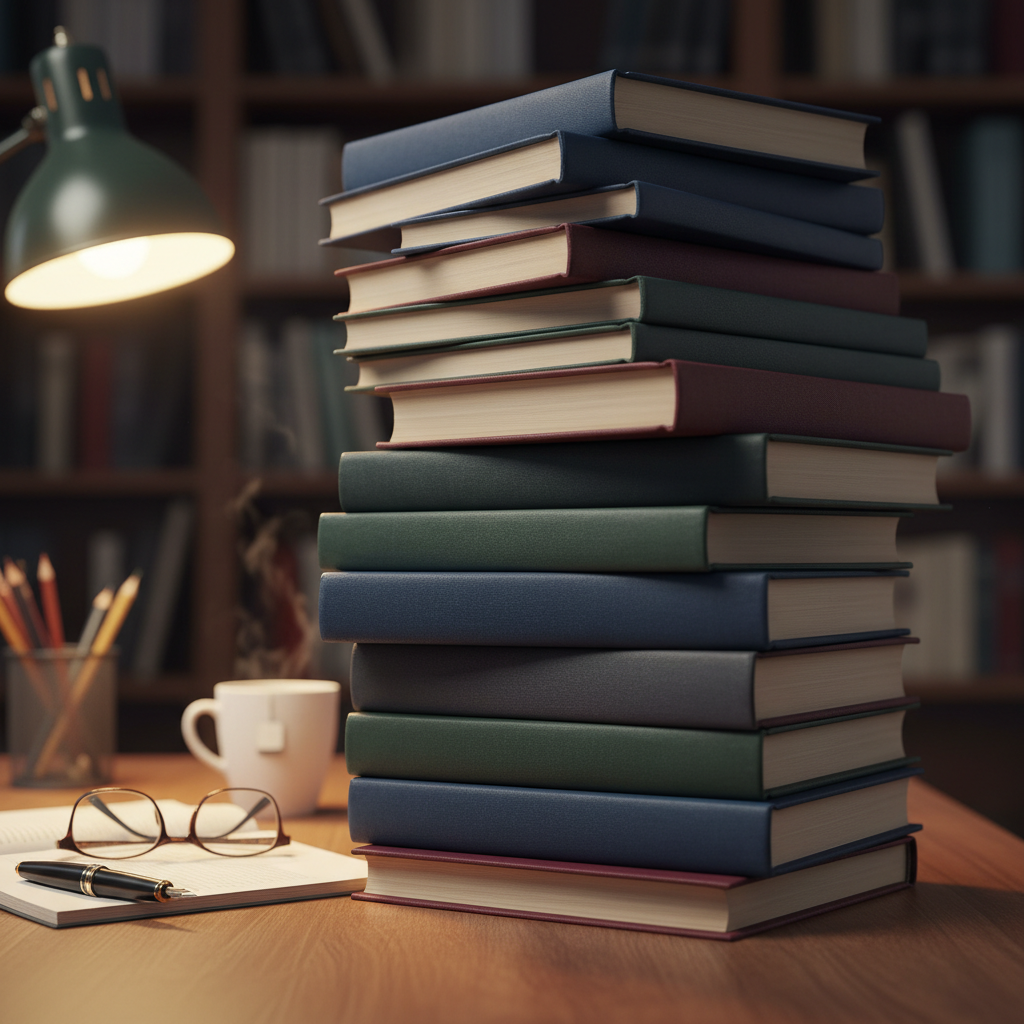 A tall stack of generic hardcover novels on a desk, soft focus, representing the workload of a literary judge