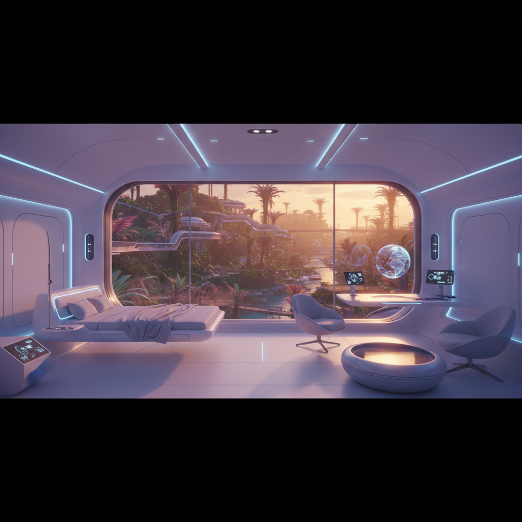Interior of an ultra-futuristic fiber pod suite, sci-fi aesthetic with curved white walls and glowing ambient LED strips, floor-to-ceiling smart glass window looking out at a lush green adventure resort, minimalist luxury furniture, high-tech vibe, sunset lighting, photorealistic, 8k