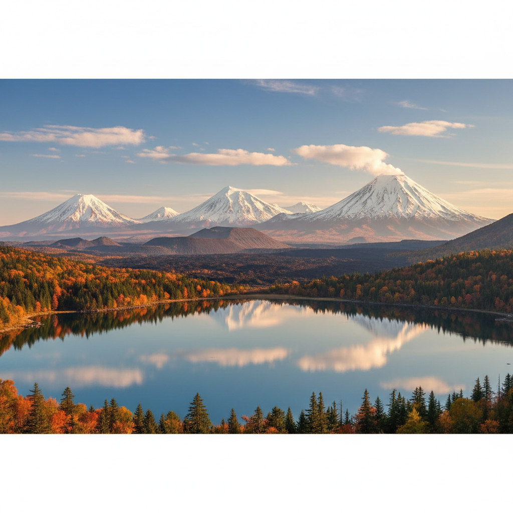 Scenic view of Kamchatka volcanoes reflection in water, Russia nature photography