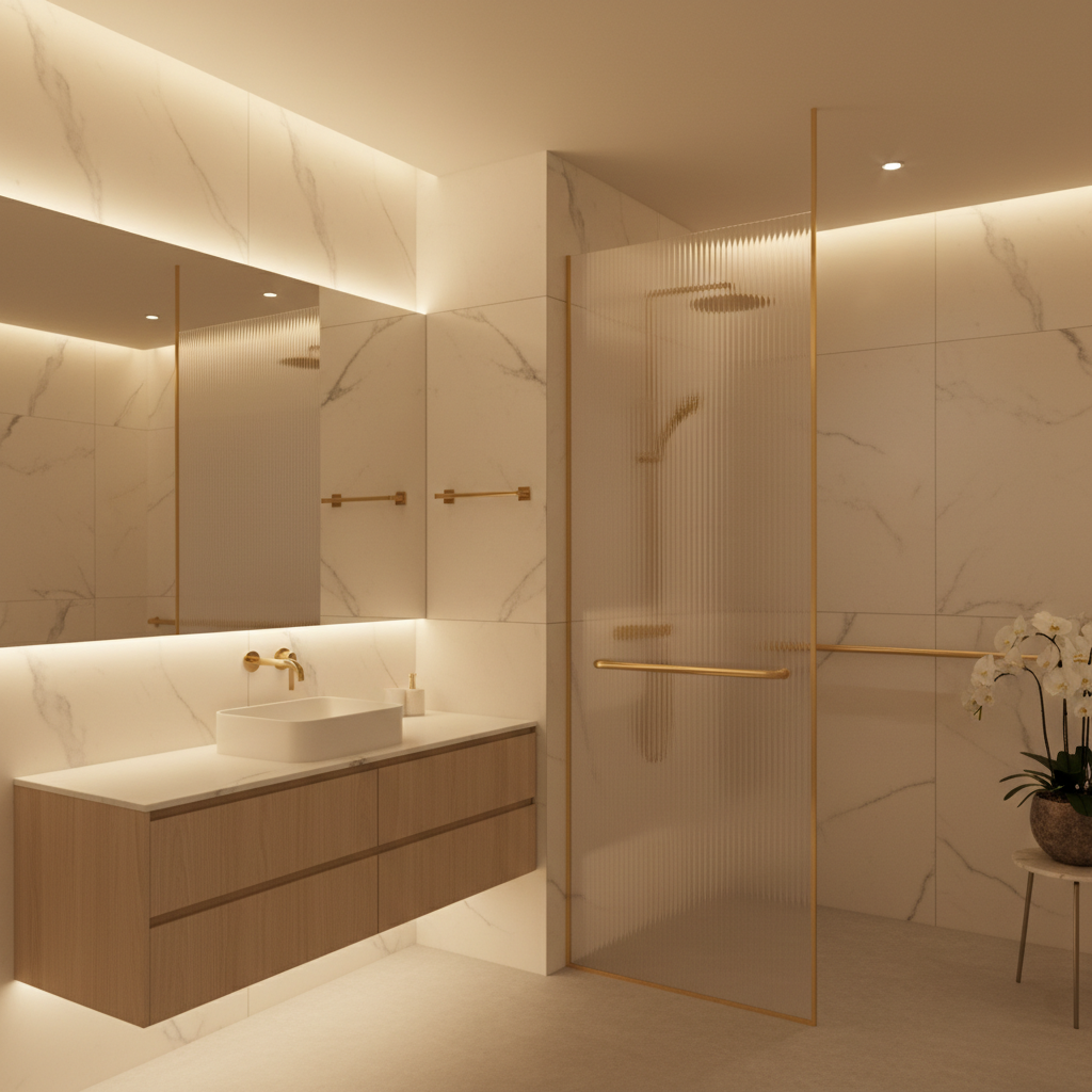 A modern, minimalist bathroom with elegant, high-end fixtures that subtly double as safety rails, warm lighting, architectural photography style, 8k resolution