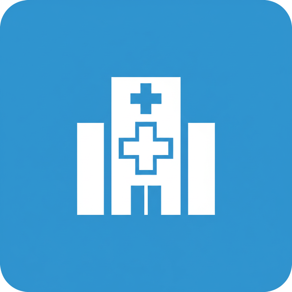 minimalist flat icon of hospital building or medical cross symbol, blue and white