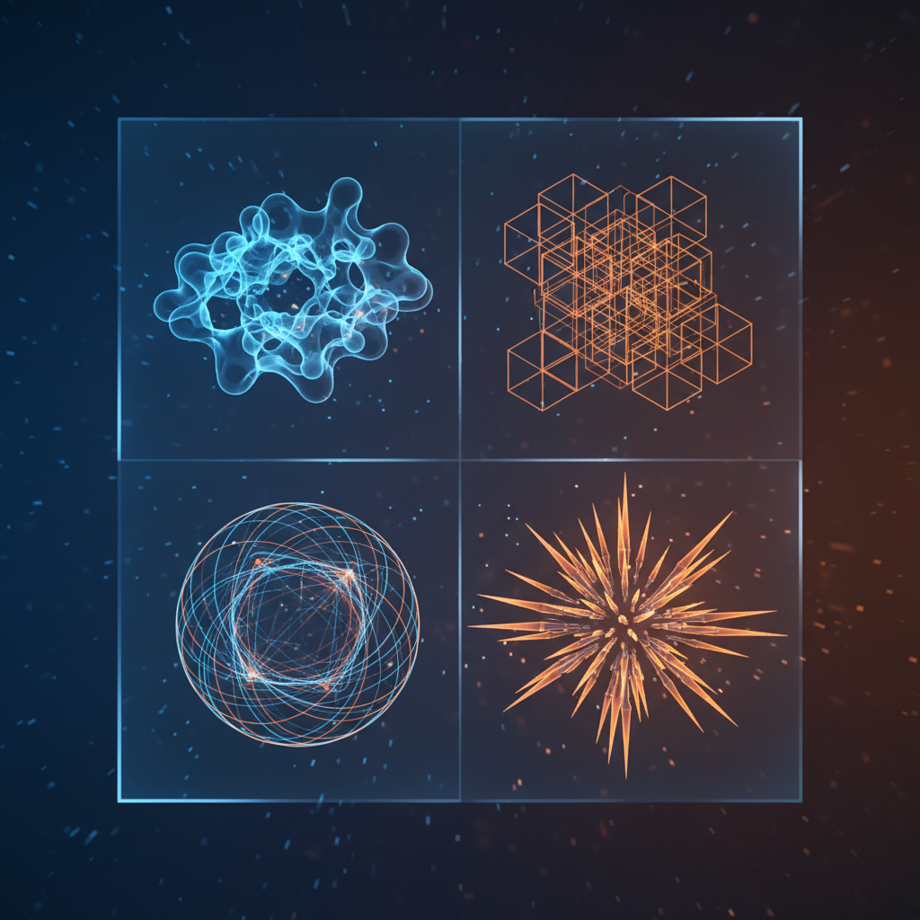 3D render of a 4-quadrant matrix diagram, glass texture, labeled logic shapes, glowing futuristic style, blue and orange color scheme