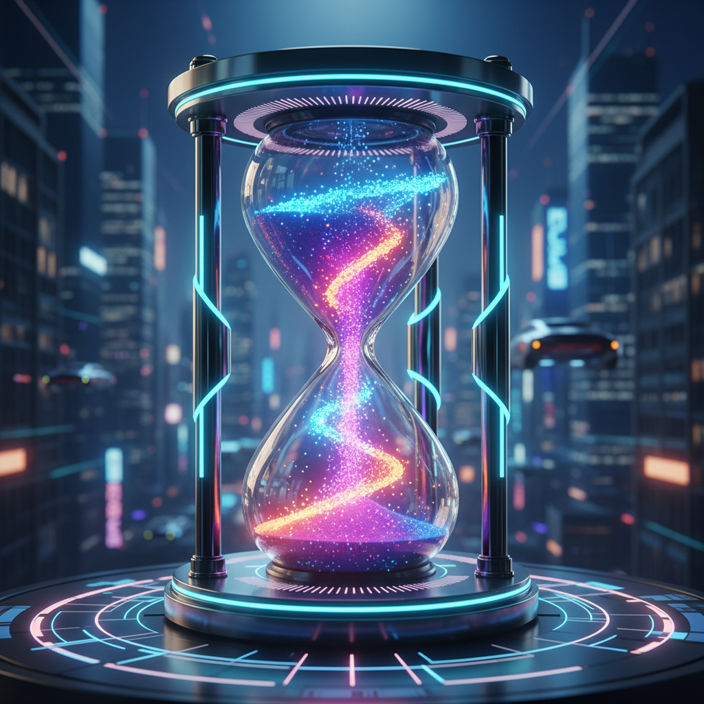 futuristic hourglass with neon sand, digital art