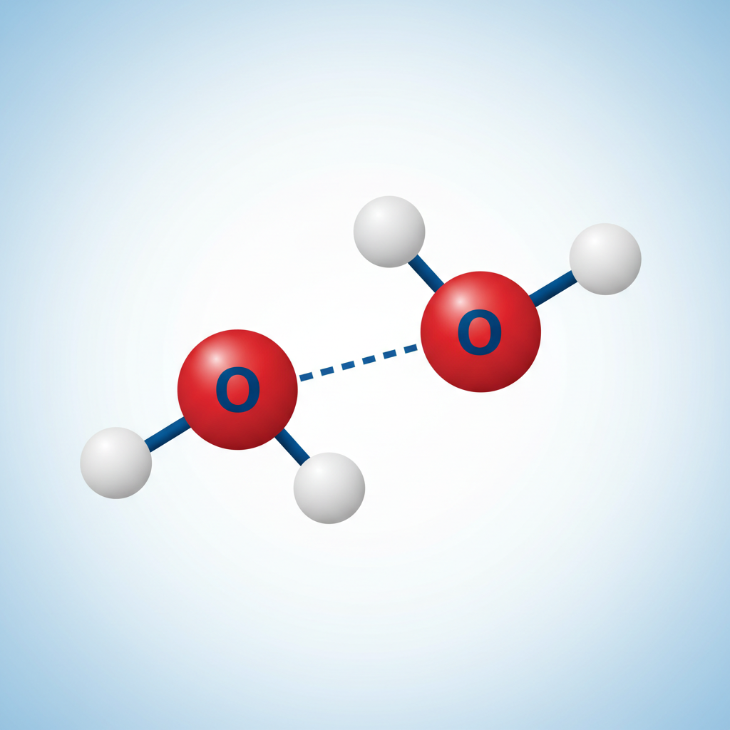 Diagram showing two water molecules. Graphic highlights the solid bond inside the molecule (strong) vs the dotted line between two molecules (weak)