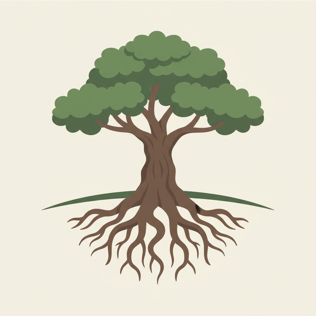 A strong oak tree showing deep roots underground, minimalist vector style, flat illustration